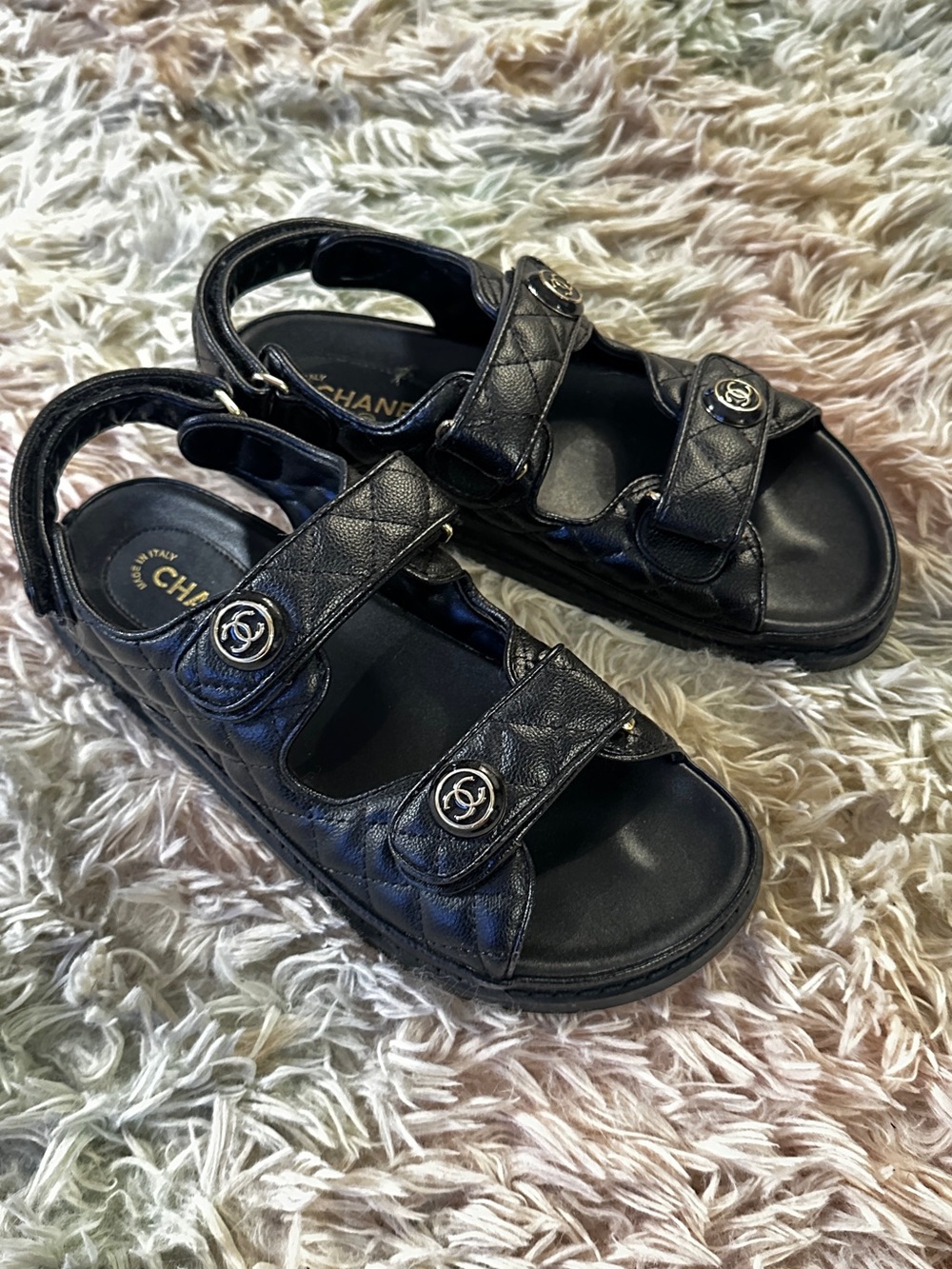 Chanel Grained CC Logo Dad Sandals in Black Size 40